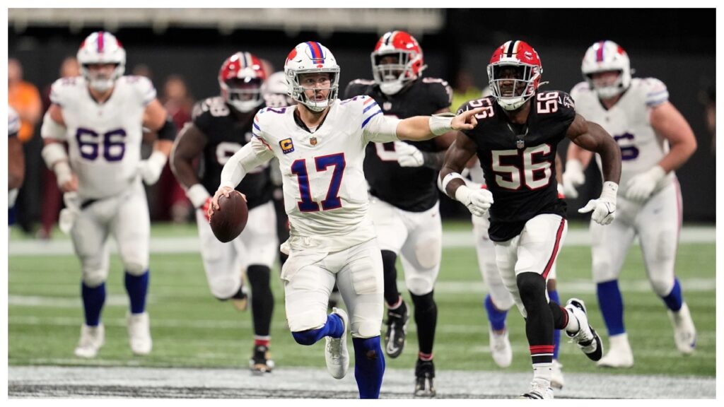 Josh Allen threw for 180 yards, two touchdowns, and two interceptions against the Falcons, marking his lowest rating (72.6) of the year celebretea.com