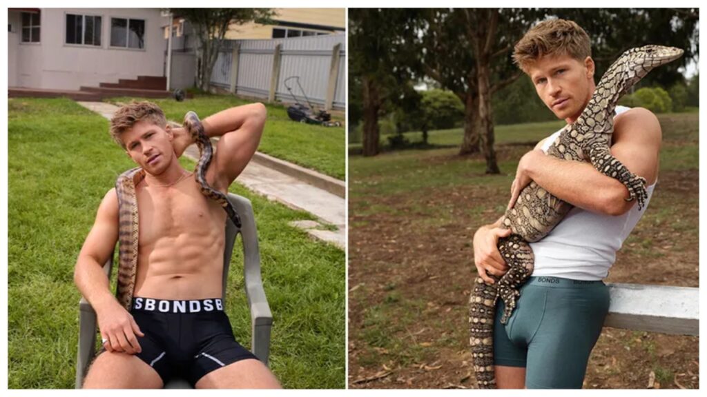 Robert Irwin posed nearly nude, wearing only Bonds briefs, while wrapped in snakes celebretea.com